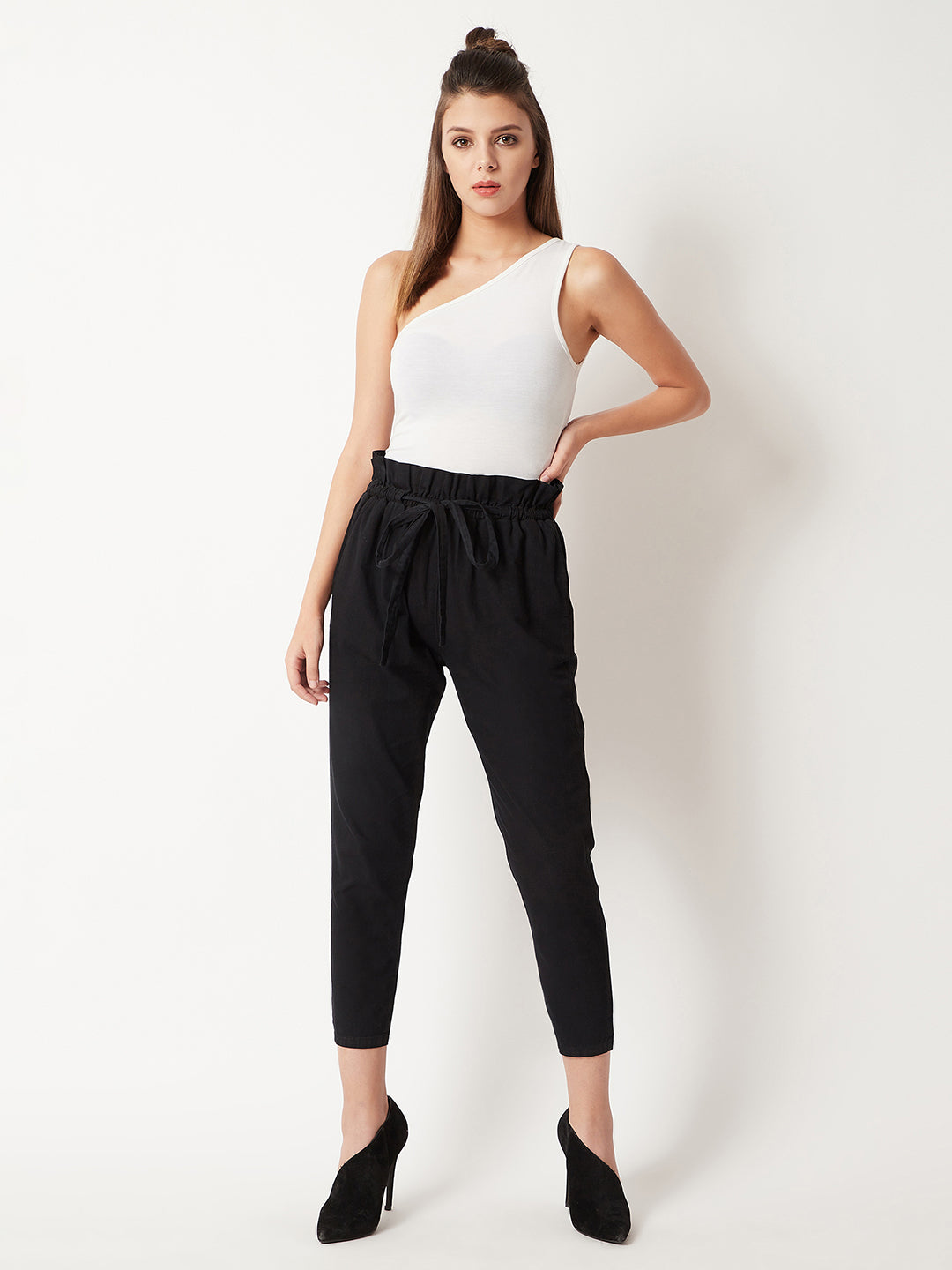 Women's Black Pleated Front High-Rise Clean-Look Ankle length Stretchable Denim Paper Bag Pants