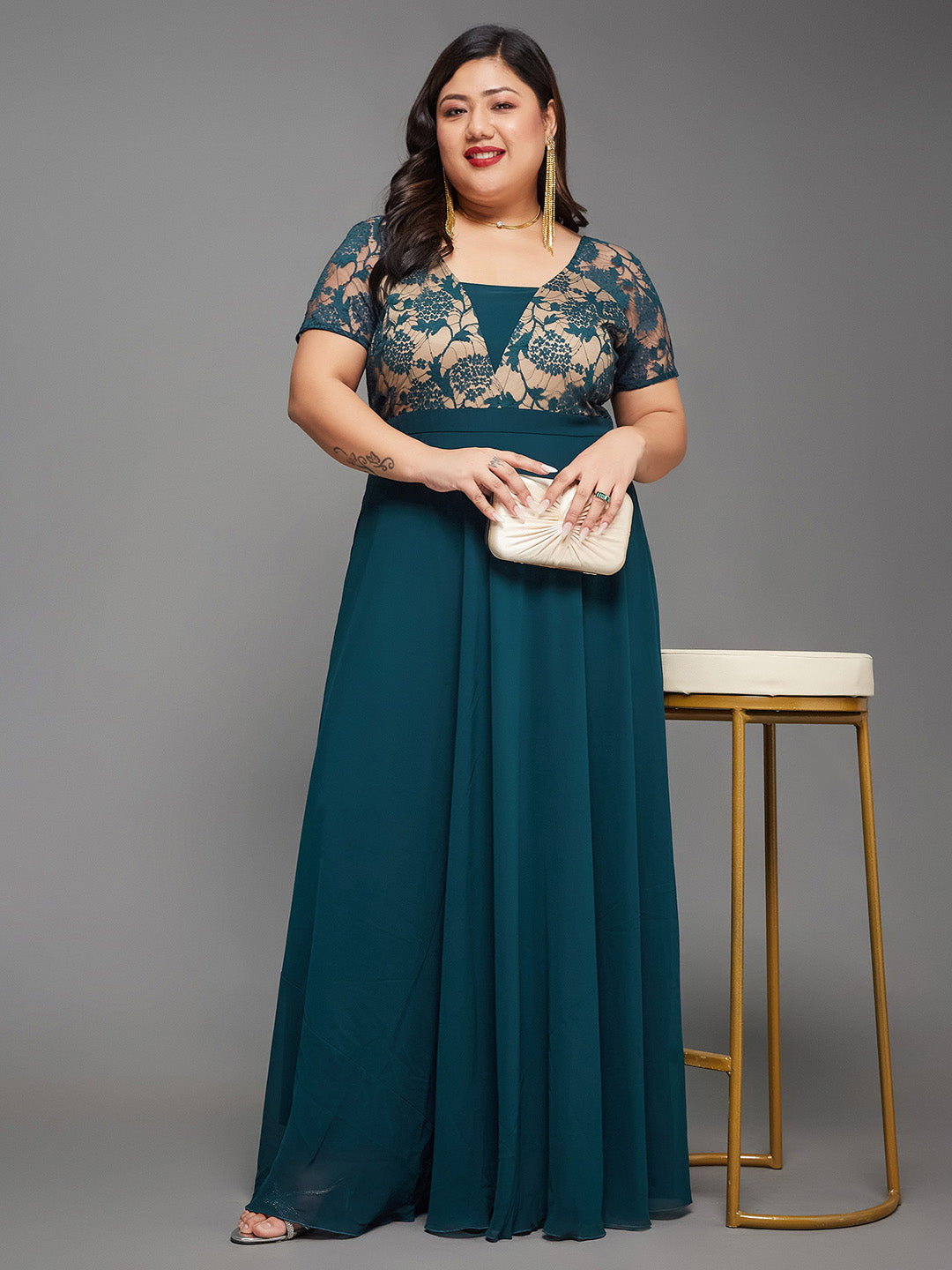 Teal Short Sleeves Lace Fit and Flare Maxi Dress Long Dress Gown for Women | Mehendi to Sangeet Collection