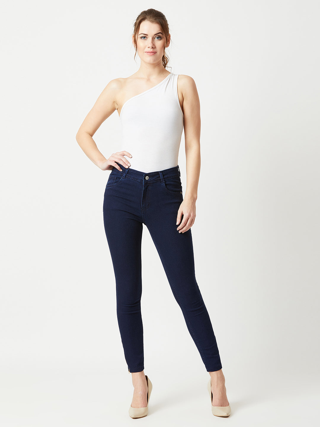 Women's Navy-Blue Skinny-Fit Mid-Rise Cropped-Length Zipper Detailing Stretchable Denim Jeans
