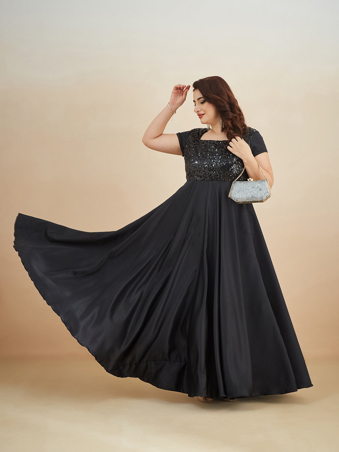 Black Square Neck Short Sleeve Embellished Polyester Fit & Flare Maxi Dress for Women