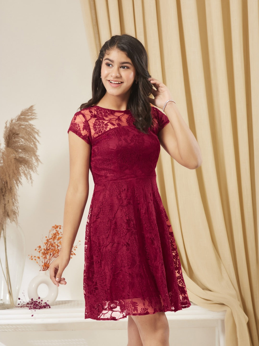 Dark Pink Round Neck Cap Sleeves Low Back Lace Skater Dress for Girls/Teenagers