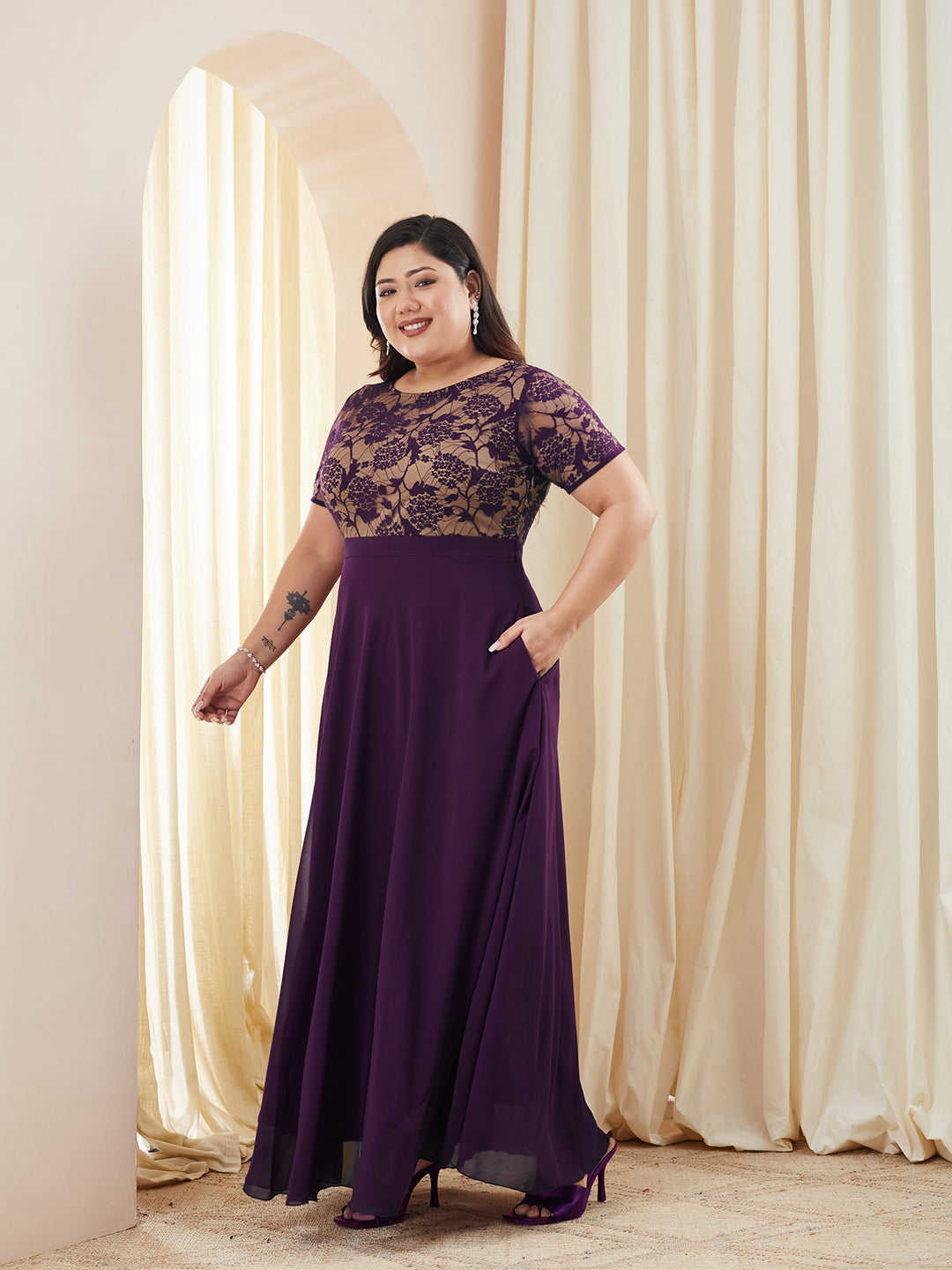 Dark Purple Round Neck Half Sleeve Self Design Fit & Flare Georgette Maxi Dress for Women