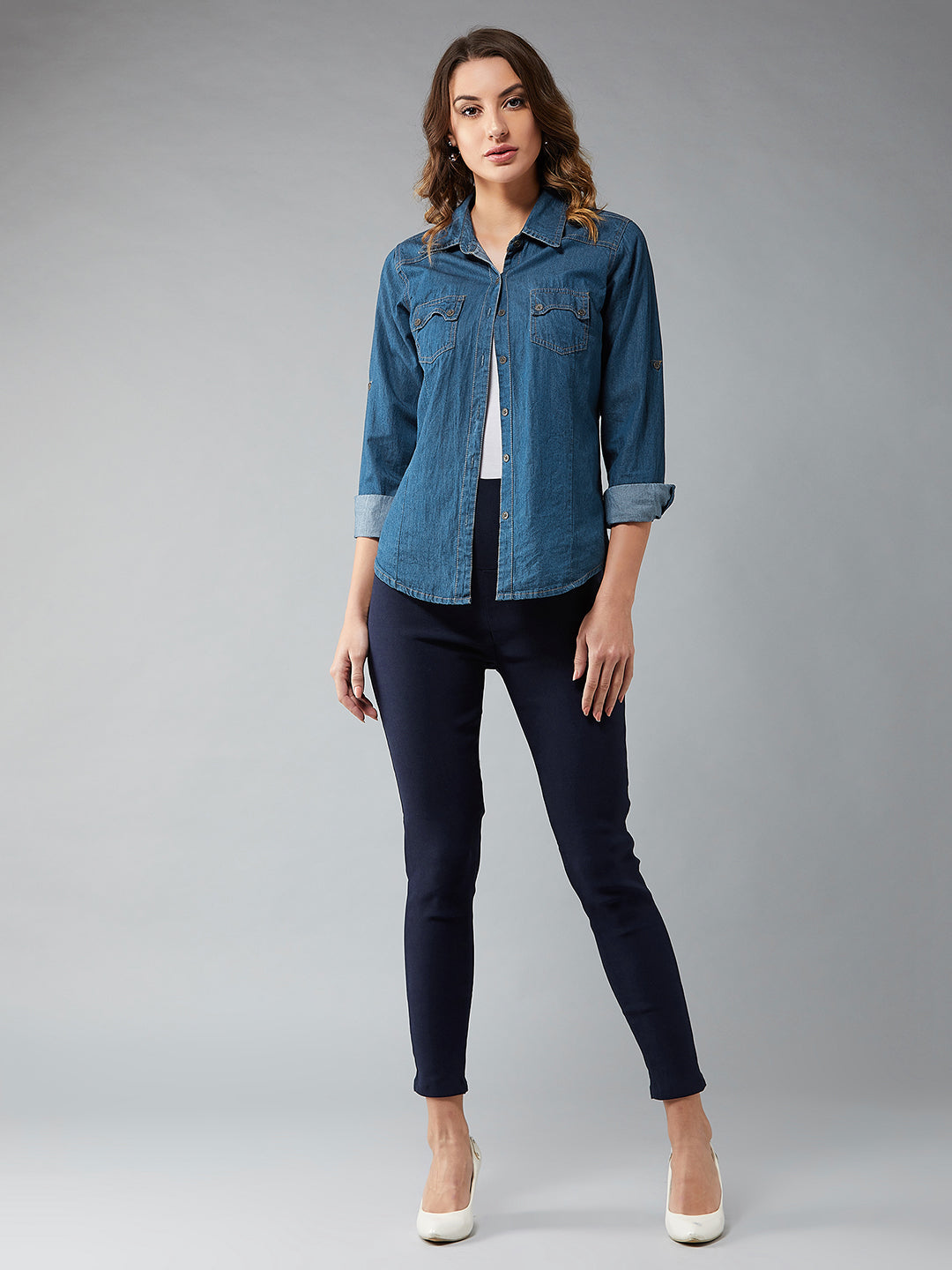 Women's Navy Blue Solid High-Waist Patch Pocket Regular Length Treggings
