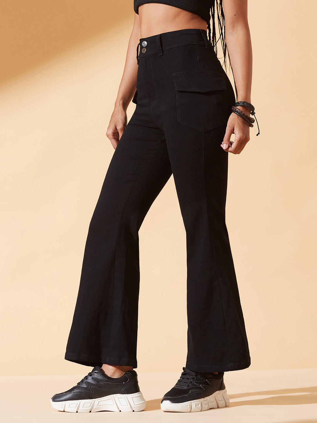 Black Bootcut High-Rise Stretchable Denim Jeans for Women