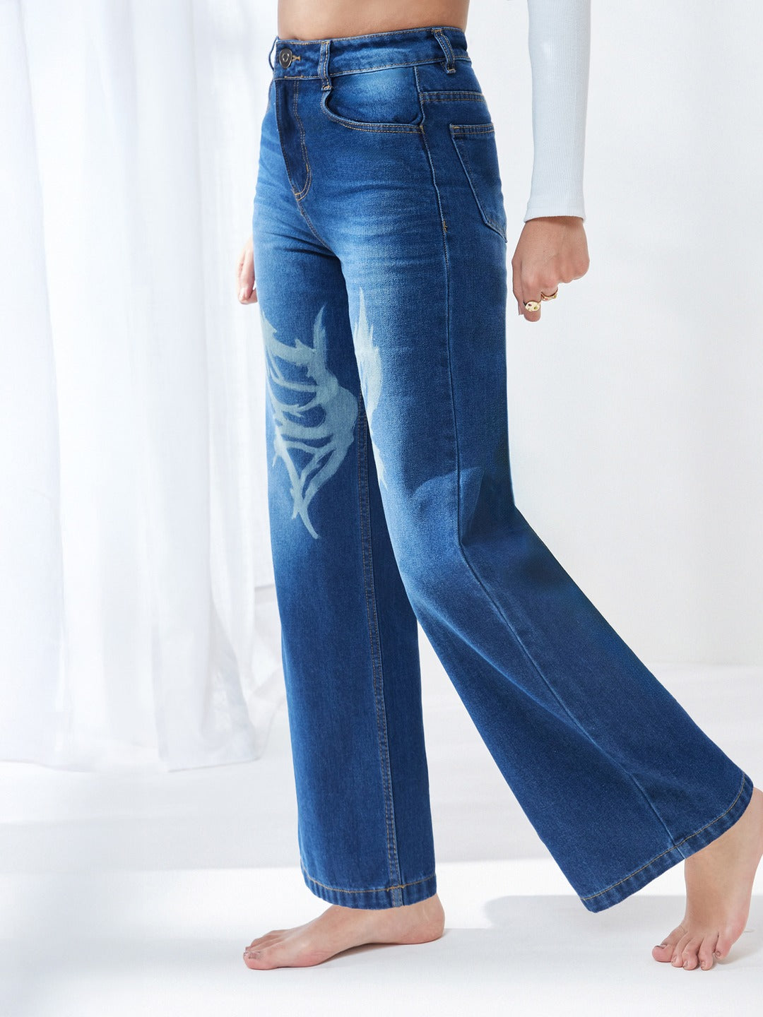 Dark Blue High-Rise Wide-Leg Flared Non-Stretch Jeans with Hand-Painted Art for Women