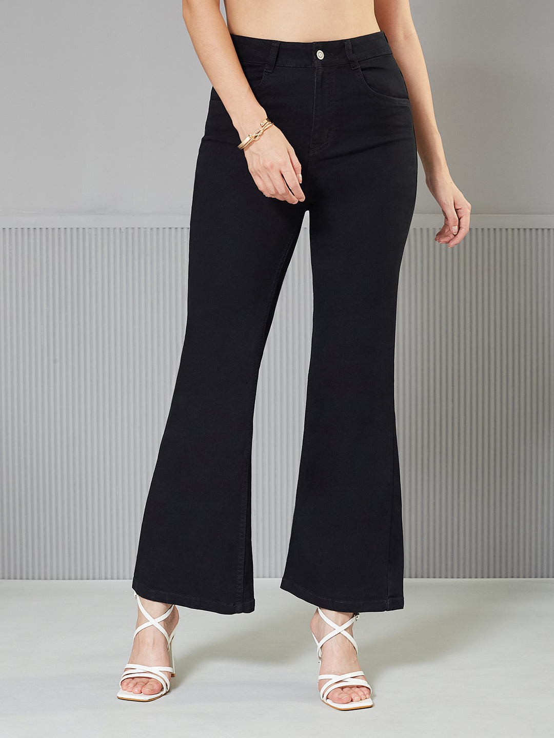 Women's Black Bootcut High-Rise clean-look Regular Stretchable Denim Jeans