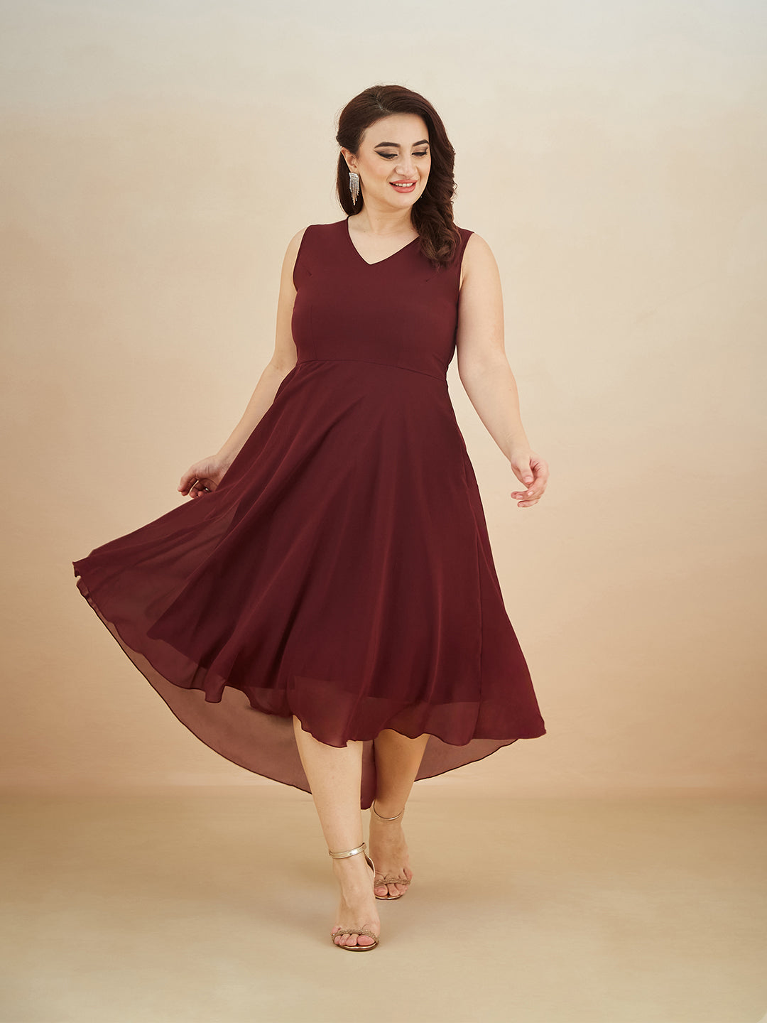 Wine Red V-Neck Sleeveless Solid High-Low Midi Skater Dress for Women
