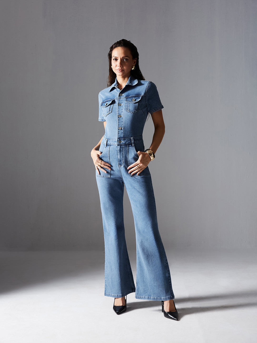24/7 Women's Blue flared High-Rise Regular Stretchable Denim Jumpsuit