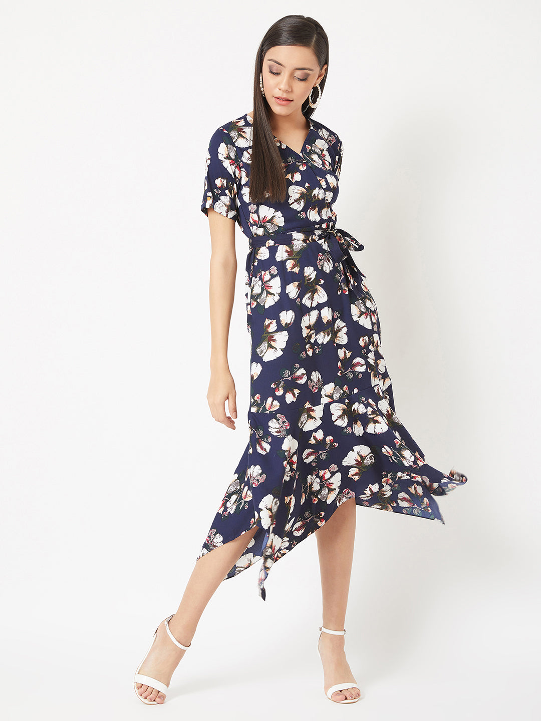 Women's Multicolored V-Neck Half Sleeve Floral Midi Belted Wrap Dress