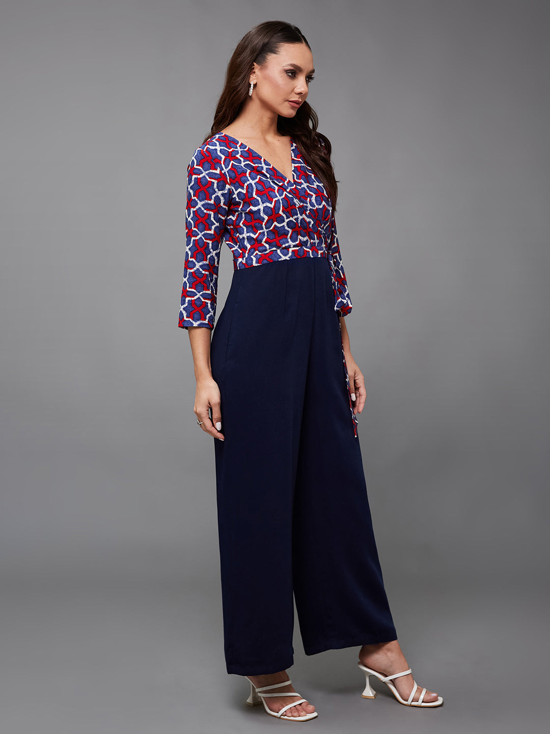 Women's Multicolored-Base-Navy Blue V-Neck Three-Quarter Sleeve Geometric Patterned Wrap Regular-Length Polyester Jumpsuit