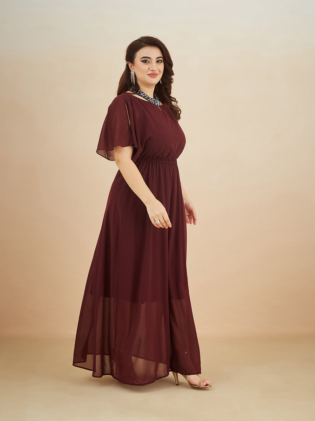 Wine Red Round Neck Flared Solid Embellished Choker/Gathered Maxi Dress for Women