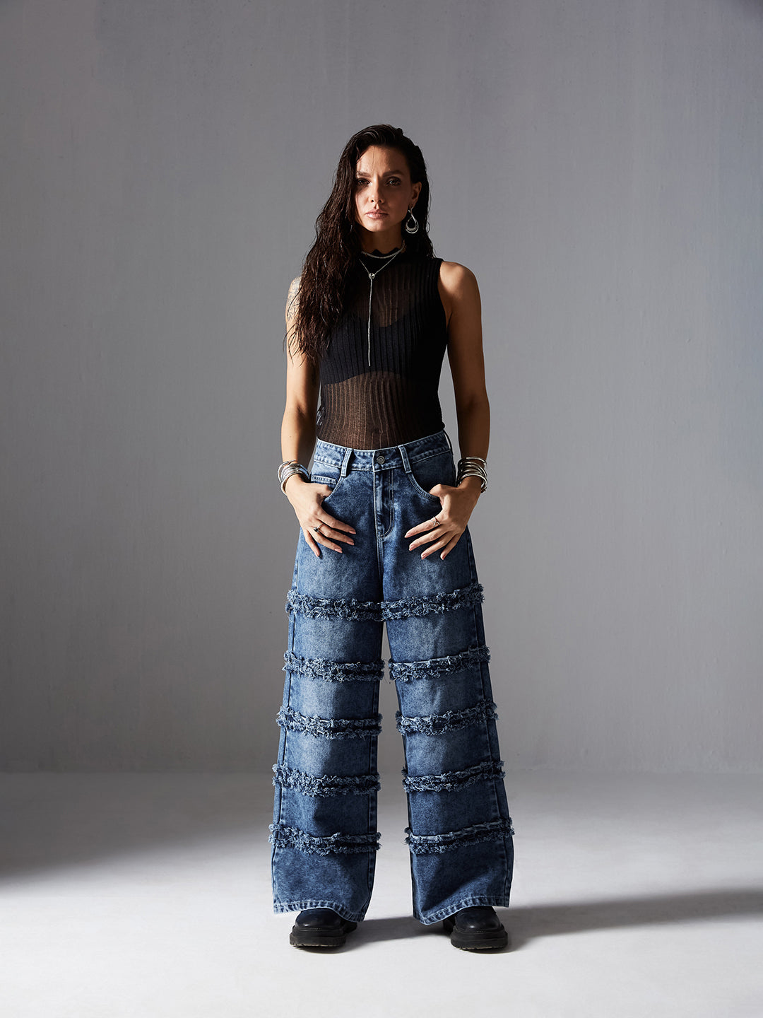 Women's Navy-Blue Wide-Leg High-Rise Highly-Distressed Regular-Length Denim Jeans