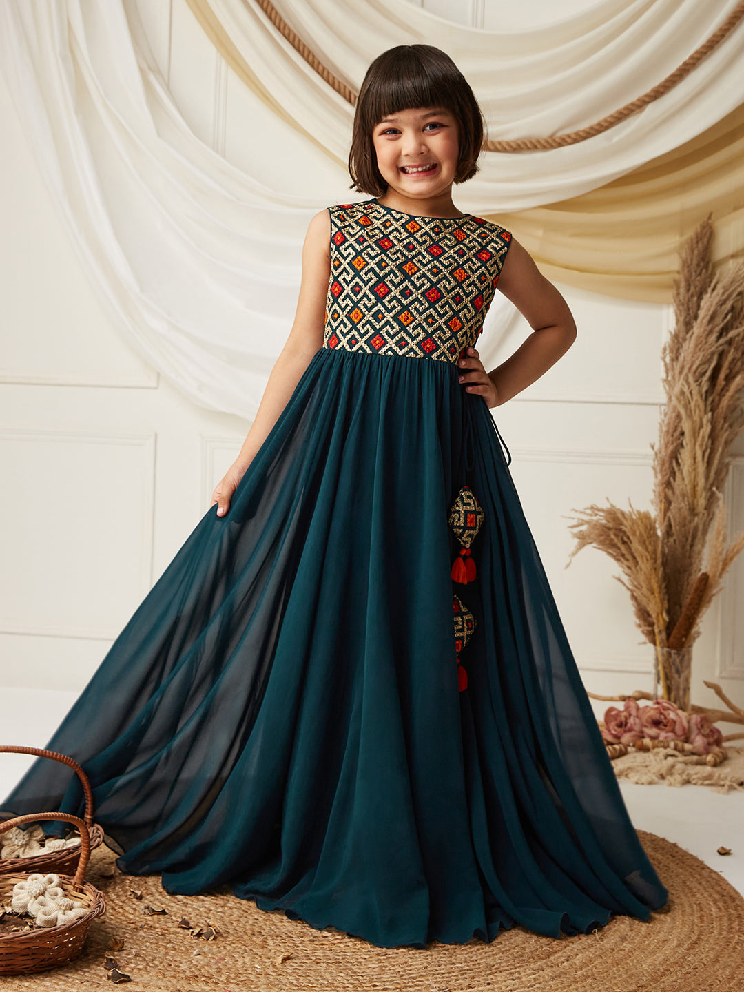 Multicolored-Base-Teal Round-Neck Sleeveless Embroidered Flared Polyester Maxi Dress
