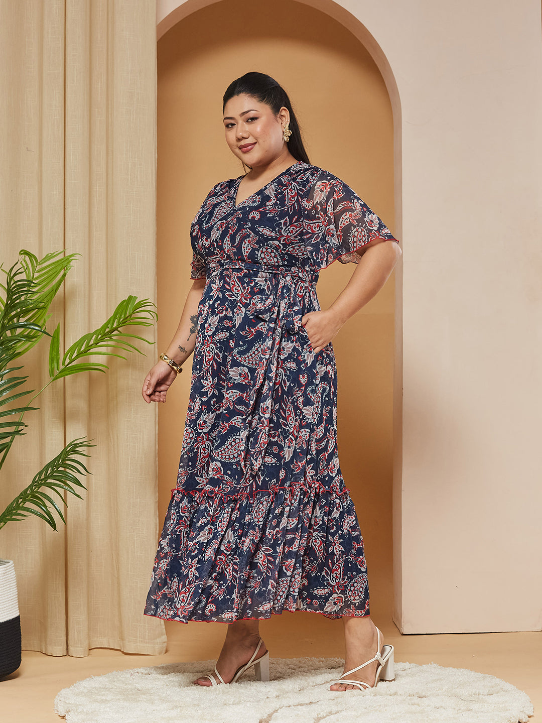 Multicolored Navy Floral Wrap Chiffon Maxi Dress with Flutter-Sleeves & Frilled Hem for Women