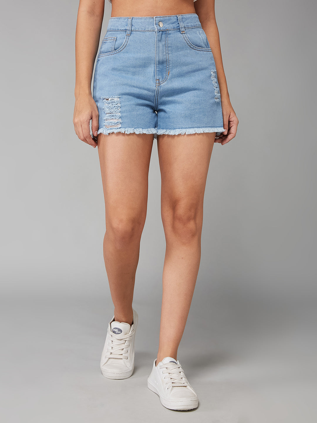 Women's Blue Relaxed Mid-Rise High Distress Regular Non-Stretchable Denim Shorts