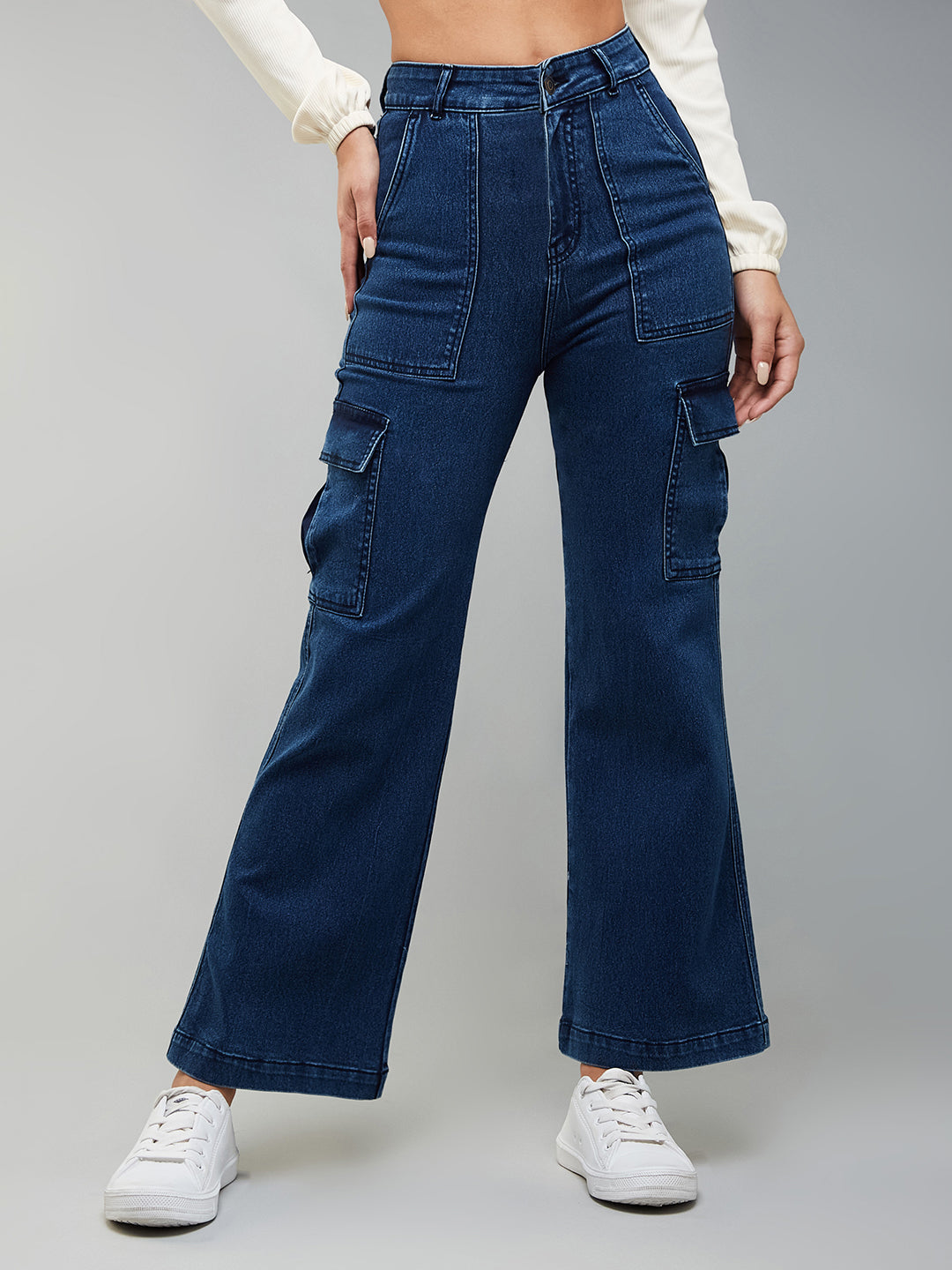 24/7 Comfort Blue Wide Leg High-Rise Stretchable Denim Cargo Jeans