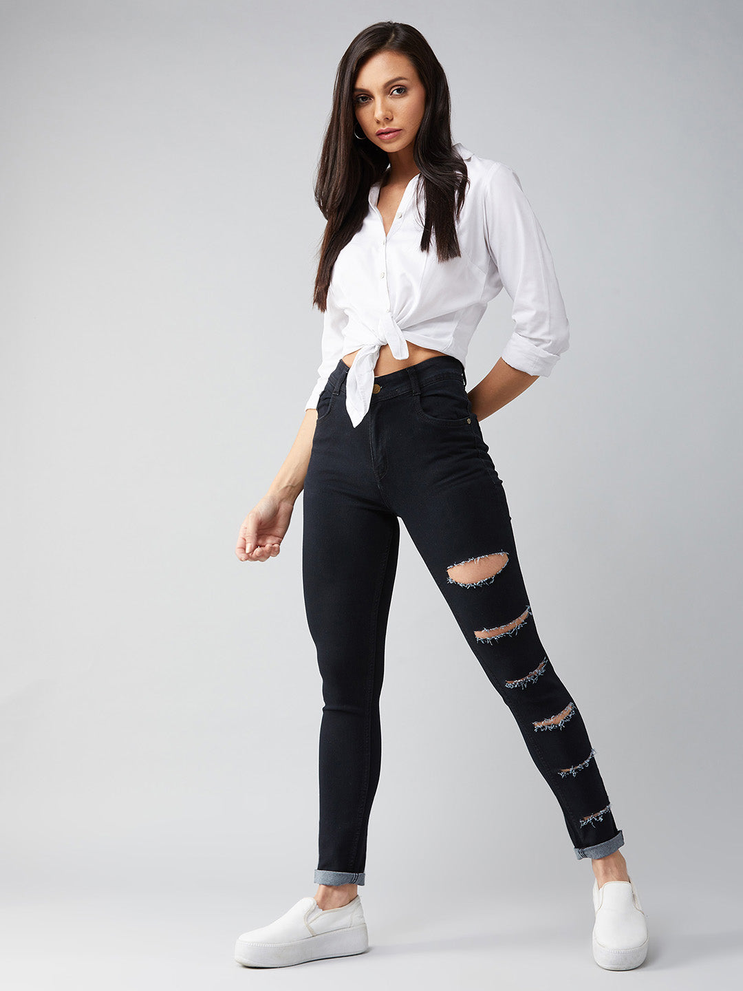 Women's Black Slim High-Rise Distressed Denim Jeans