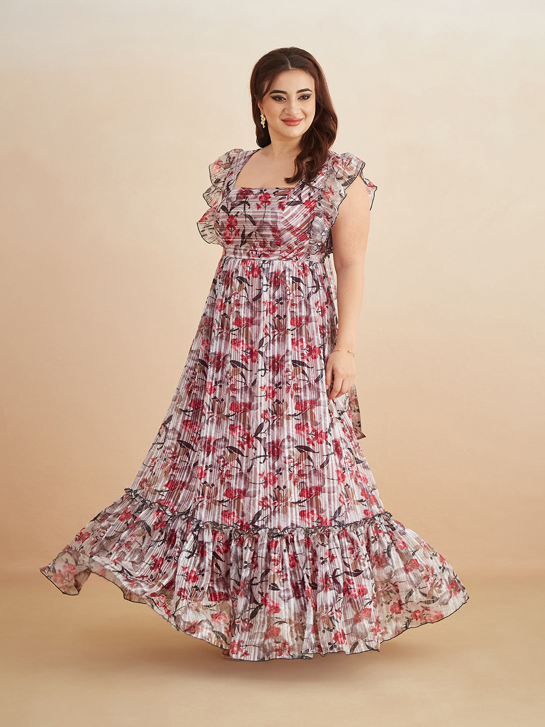 Multicolored-Base-Off White Square Neck Layered Ruffles Sleeve Floral Patterned Tiered Maxi Georgette Dress for Women