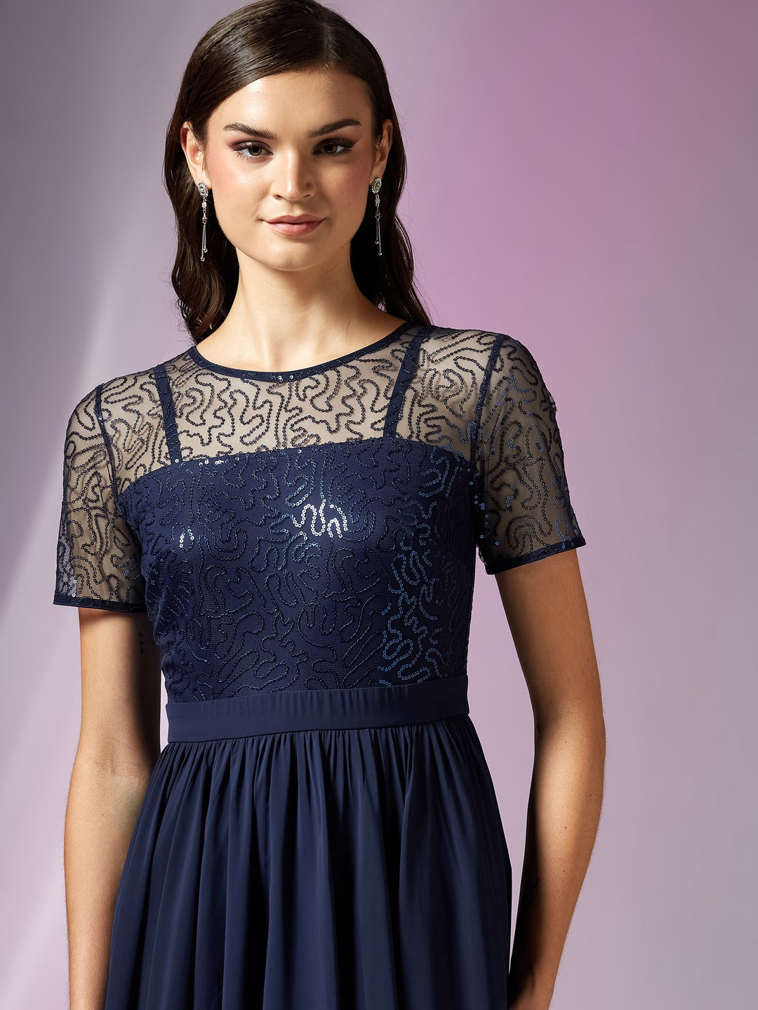 Navy-Blue Relaxed Fit Maxi Georgette & Sequins Dress for Women