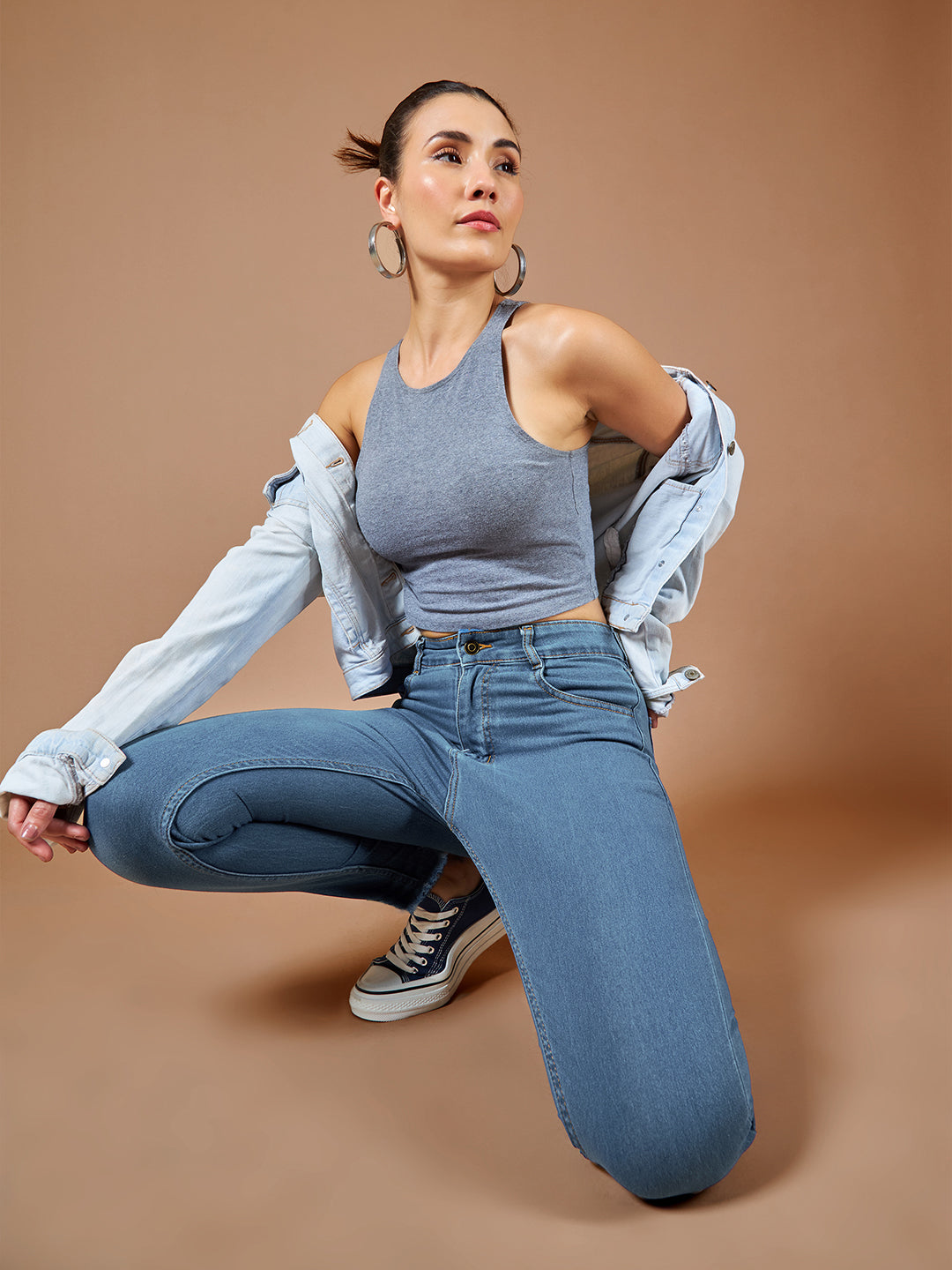 24/7 Comfort Light-Blue Skinny-Fit High-Rise Cropped-Length Fringe Detailing Stretchable Denim Jeans for Women