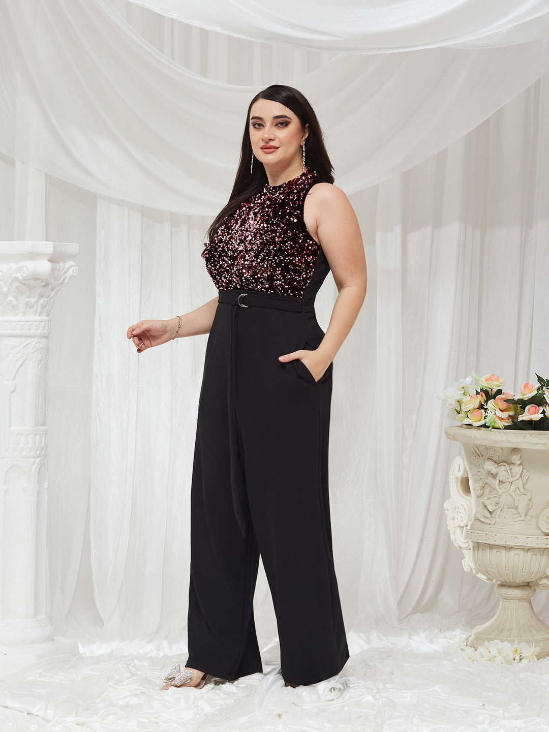 Black & Lavender Embellished Regular Jumpsuit for Women