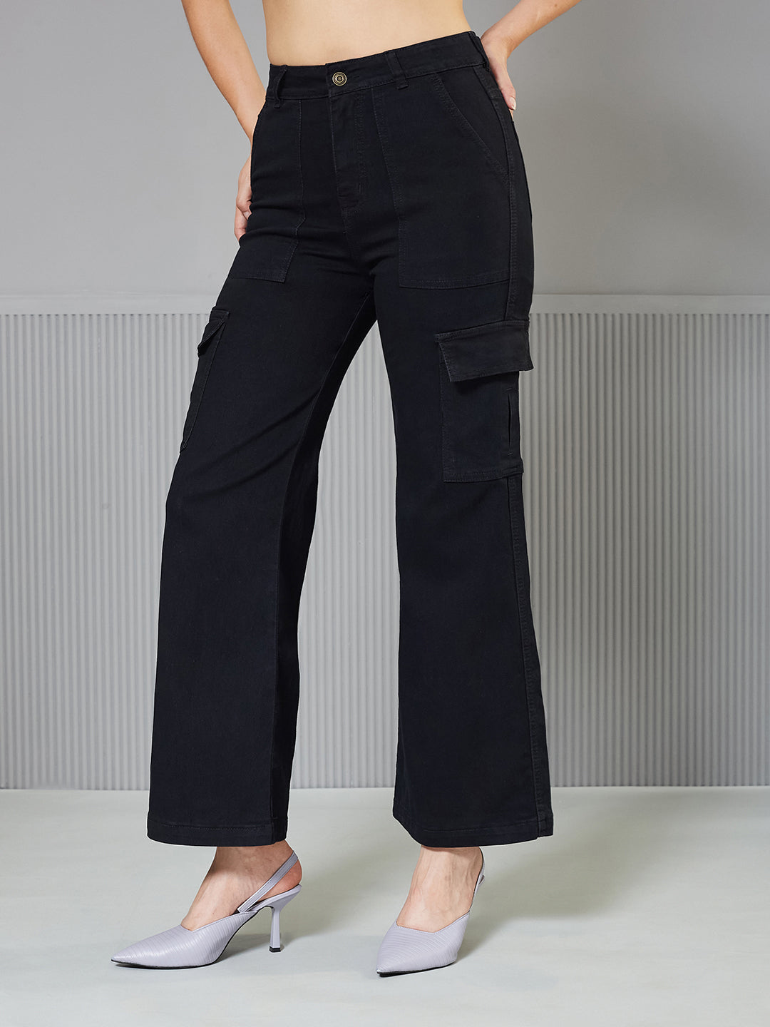 Women's Black Wide leg High-Rise clean-look Regular Stretchable Denim Jeans