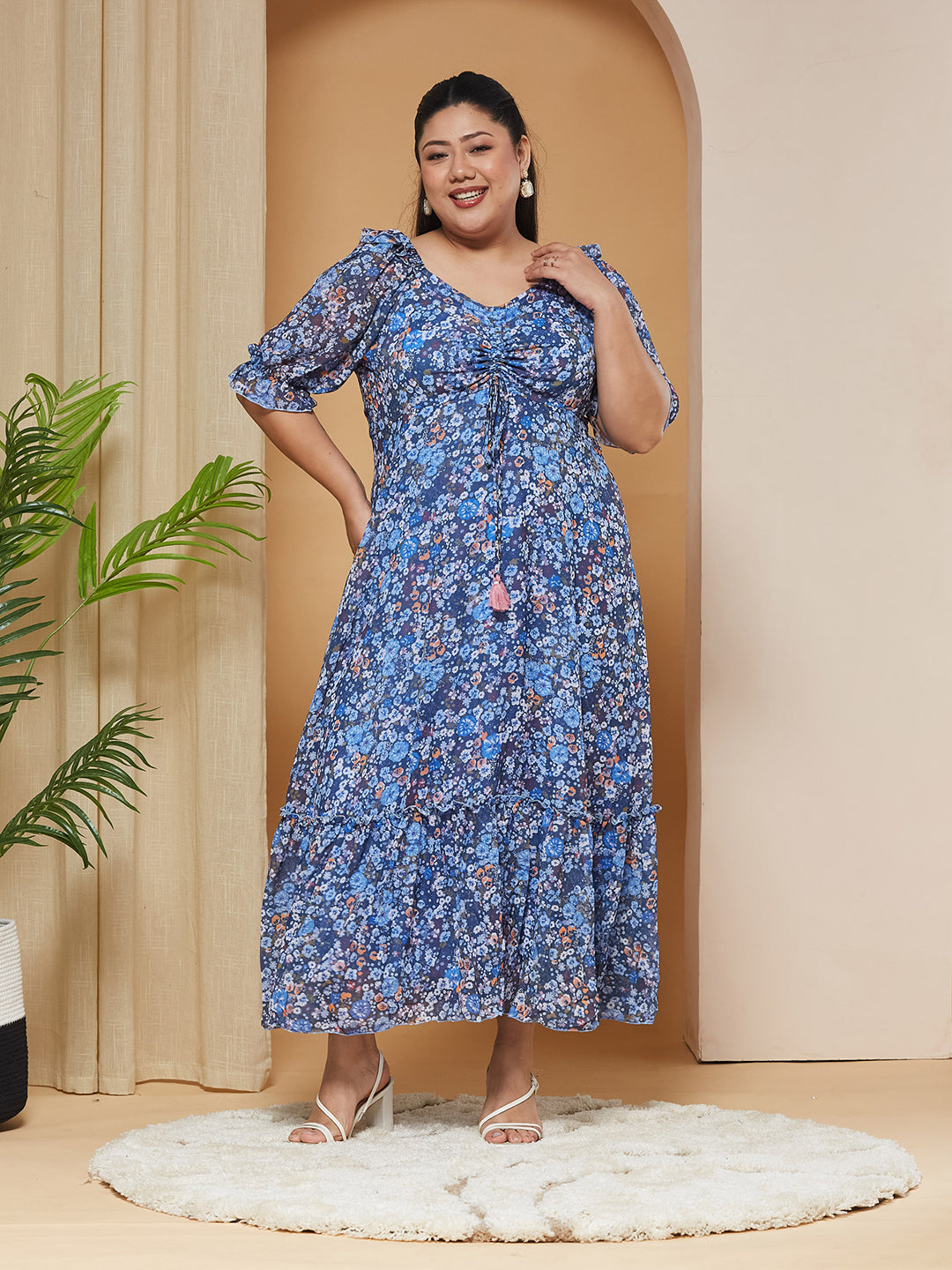 Multicolored-Base-Navy Blue V-Neck Puff-Sleeves Floral Ruching Ankle-Length Dress for Women