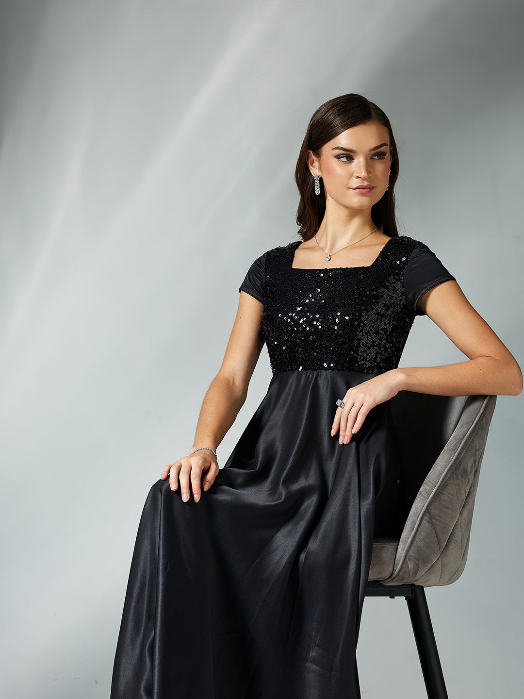 Women's Black Square Neck Short Sleeve Embellished Polyester Fit & Flare Maxi Dress