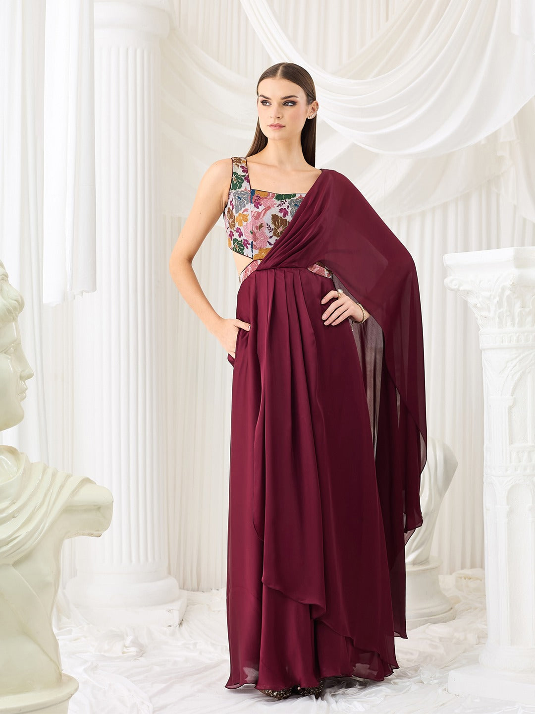 Luxe Layered Satin Gown in Wine with Square Neck & Floral Design for Women