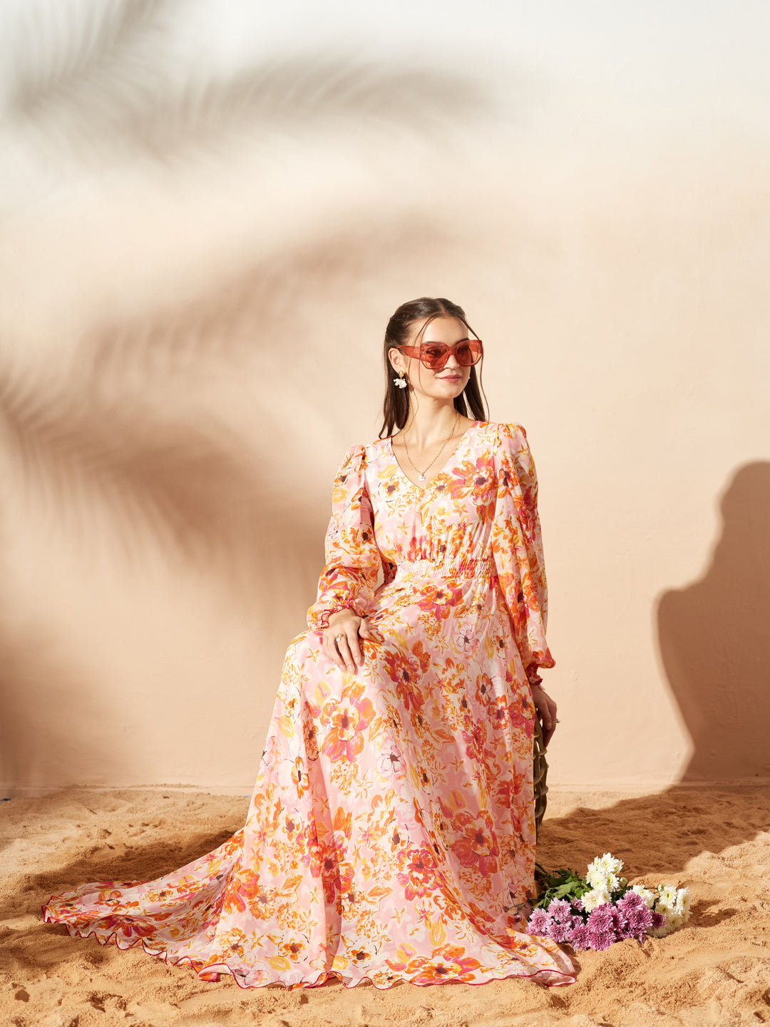 Orange Full Sleeves Floral Printed Fit and Flare Dress for Women
