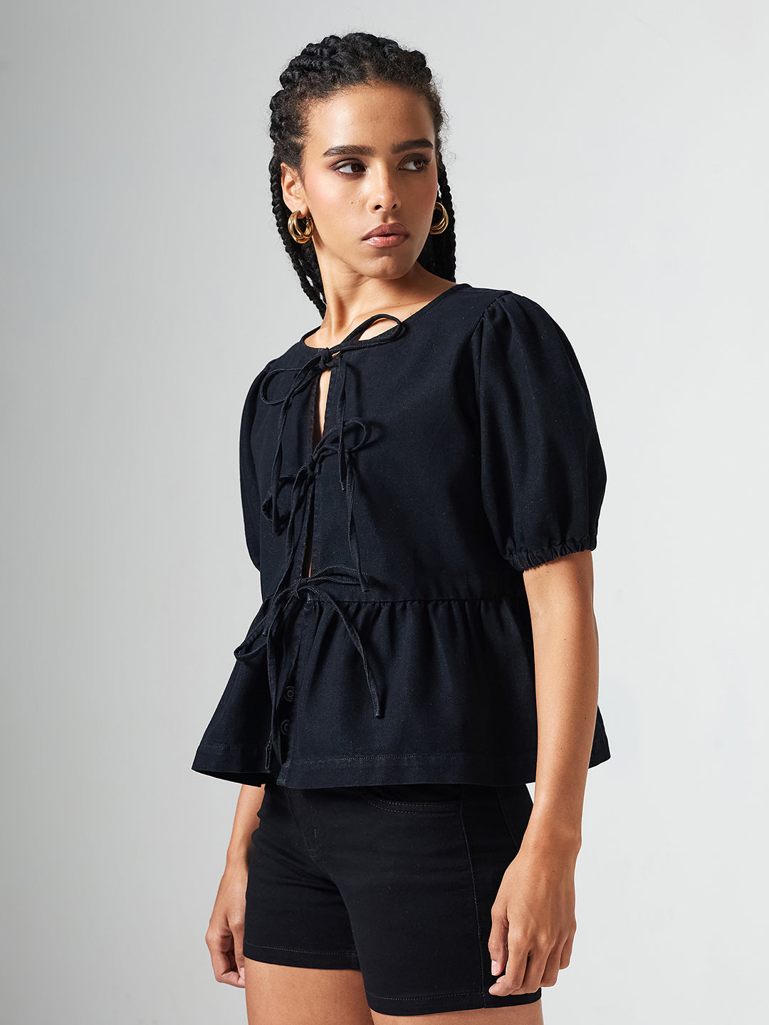 Black Round Neck Puff Sleeve Tie-Up Peplum Denim Top for Women