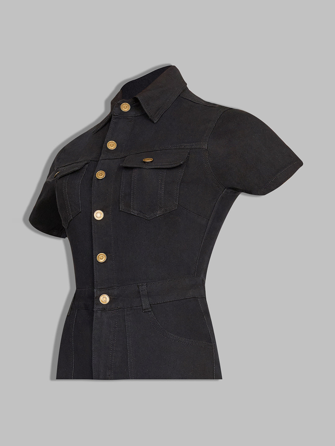 Women's Black Flared High-Rise Stretchable Denim Jumpsuit