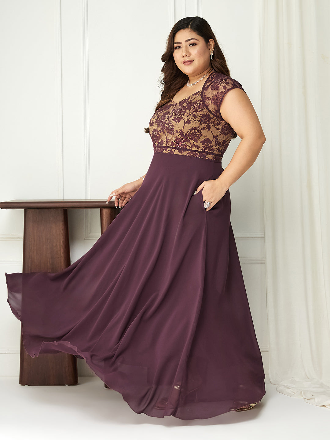 Mauve Sweetheart-Neck Raglan-Sleeve Self-Designed Fit & Flare Georgette Maxi Dress for Women