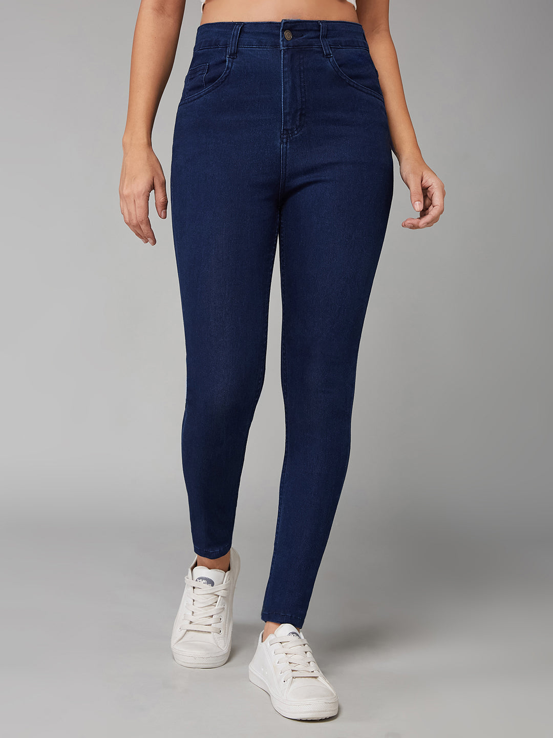 Women's Navy Blue Skinny High-Rise Clean-Look Regular Stretchable Denim Jeans
