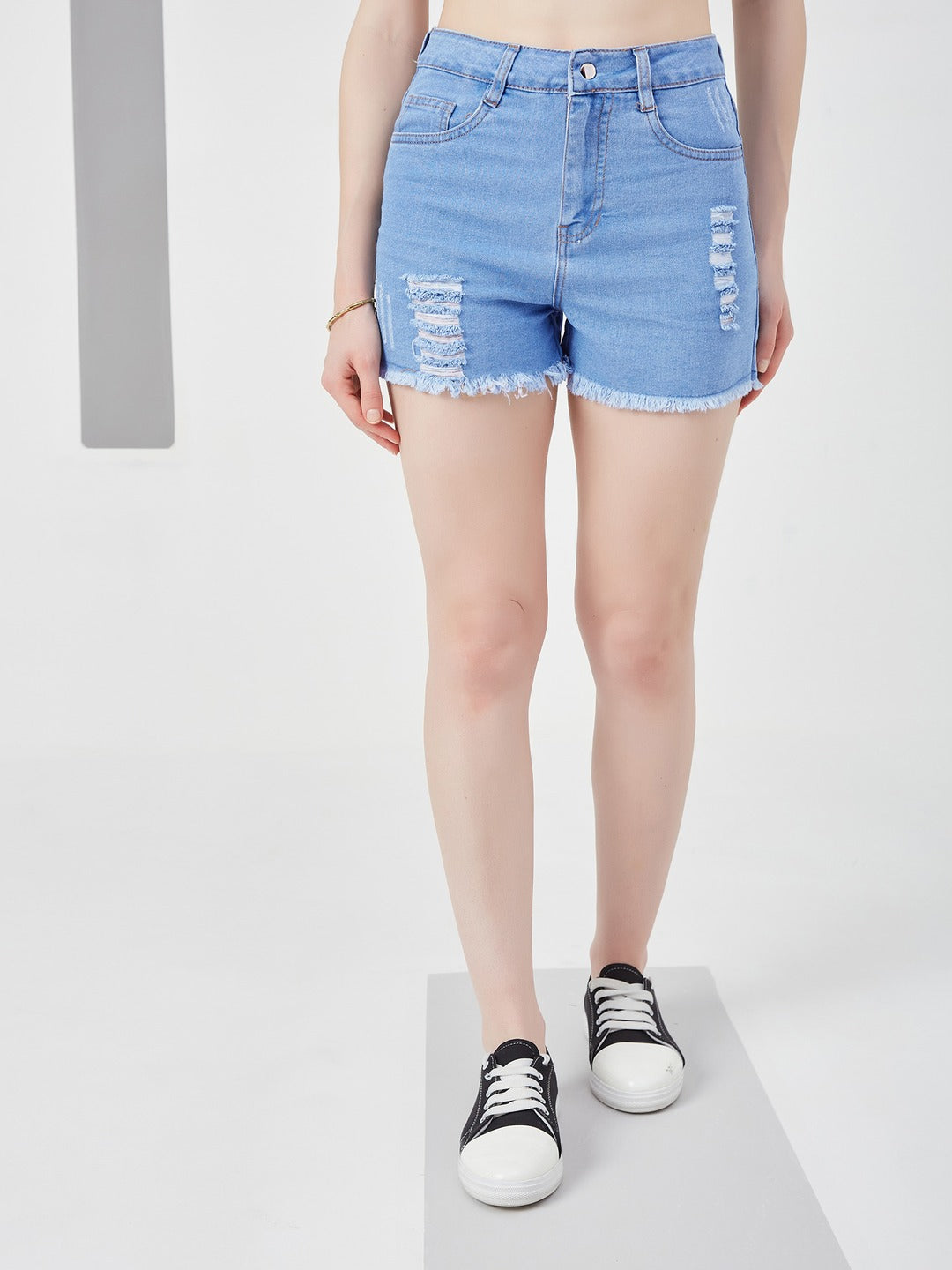 Blue Relaxed Mid Rise High Distress Regular Non Stretchable Denim Shorts for Women
