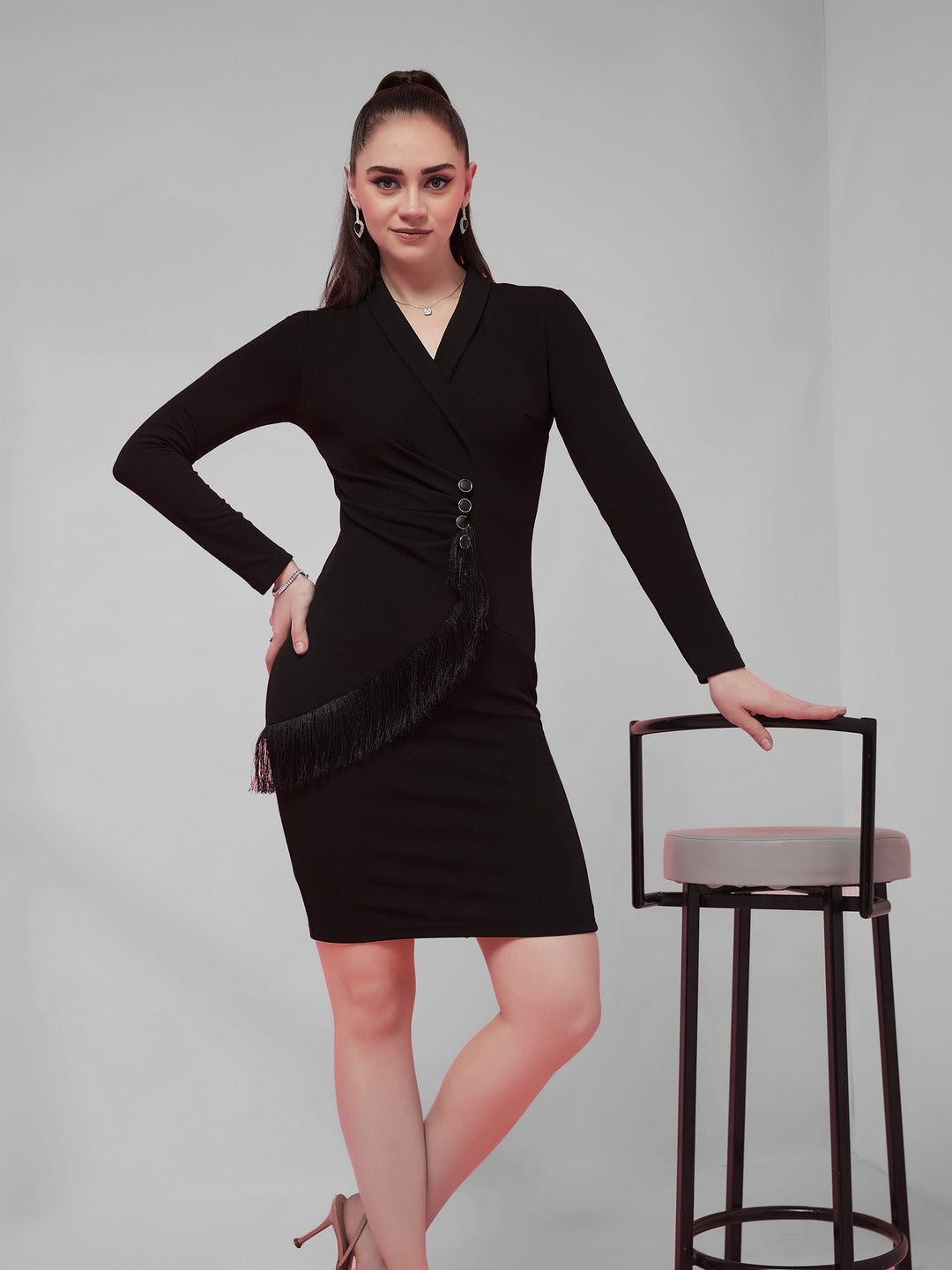 Black Solid Collared Neck Full Sleeve Polyester Bodycon Knee Length Dress for Women