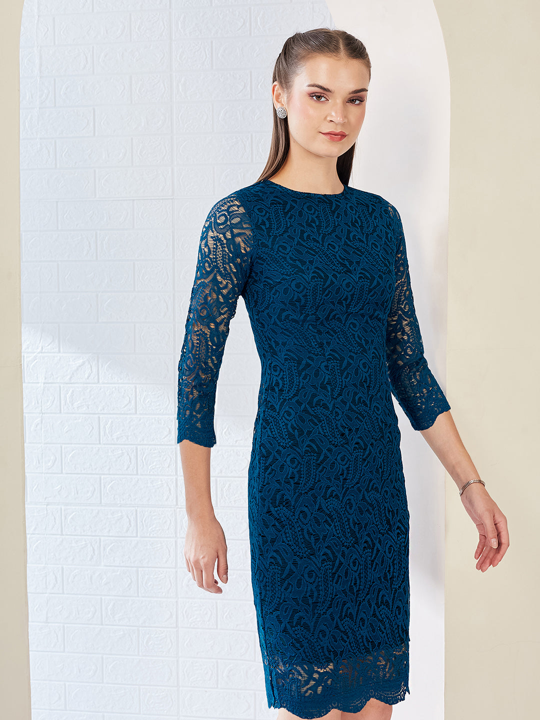 Teal Round Neck 3/4 Sleeves Floral Lace Overlaid Knee-Long Bodycon Dress for Women — Miss Chase