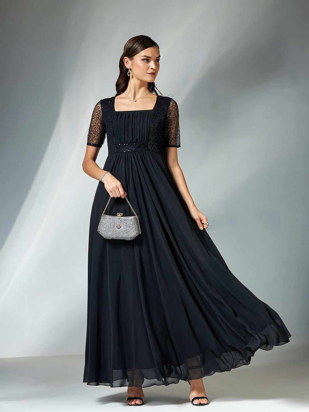 Black Square Neck Half Sleeve Solid Embellished Maxi Dress for Women