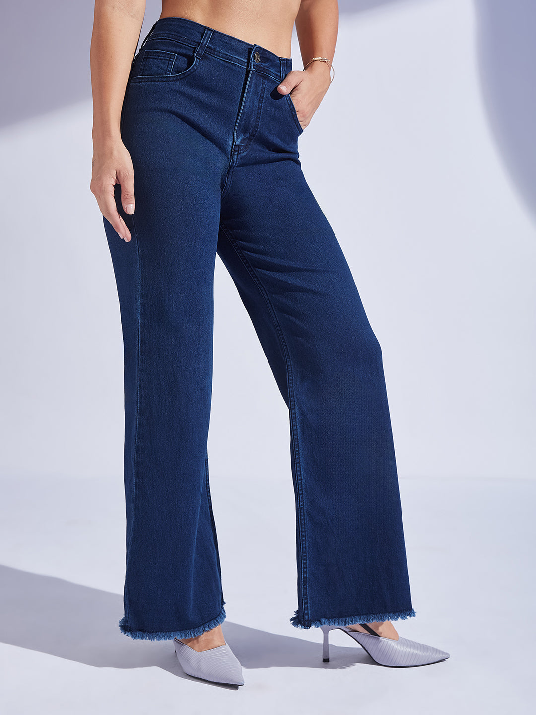 24/7 Comfort Navy-Blue Wide-Leg High-Rise Clean-Look Regular-Length Stretchable Denim Jeans for Women