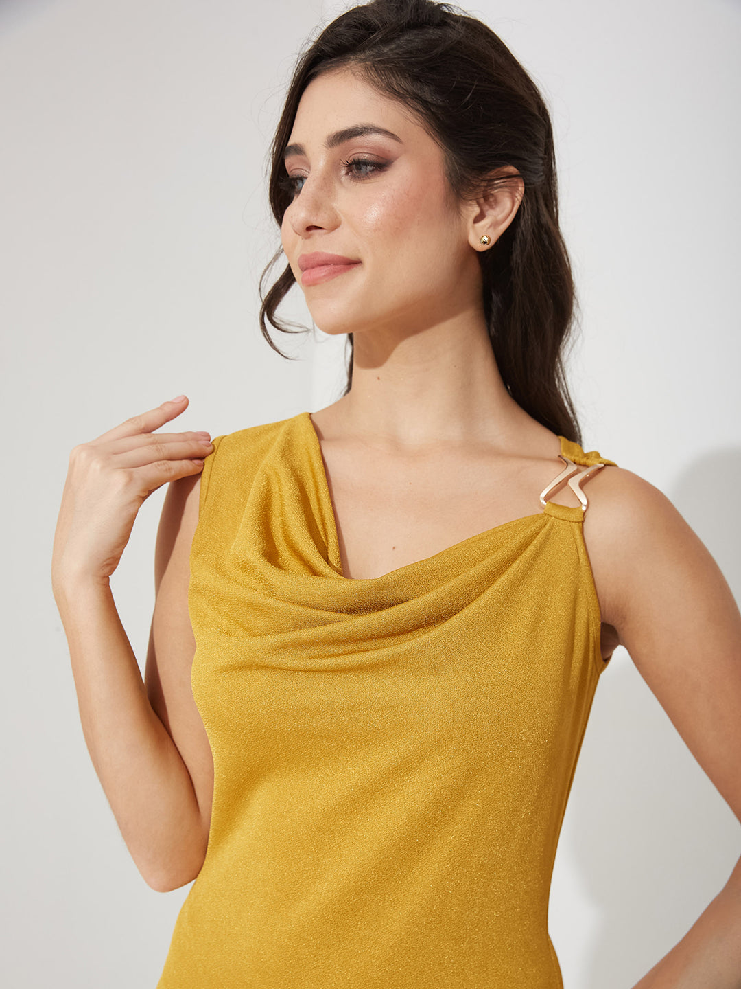 Women’s Golden Asymmetric Cowl Sleeveless Solid Bodycon Maxi Polyester Dress for Women