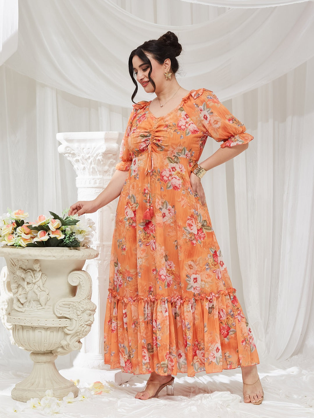 Orange V-Neck Puff Sleeve Floral Ruching Ankle-Length Dress for Women