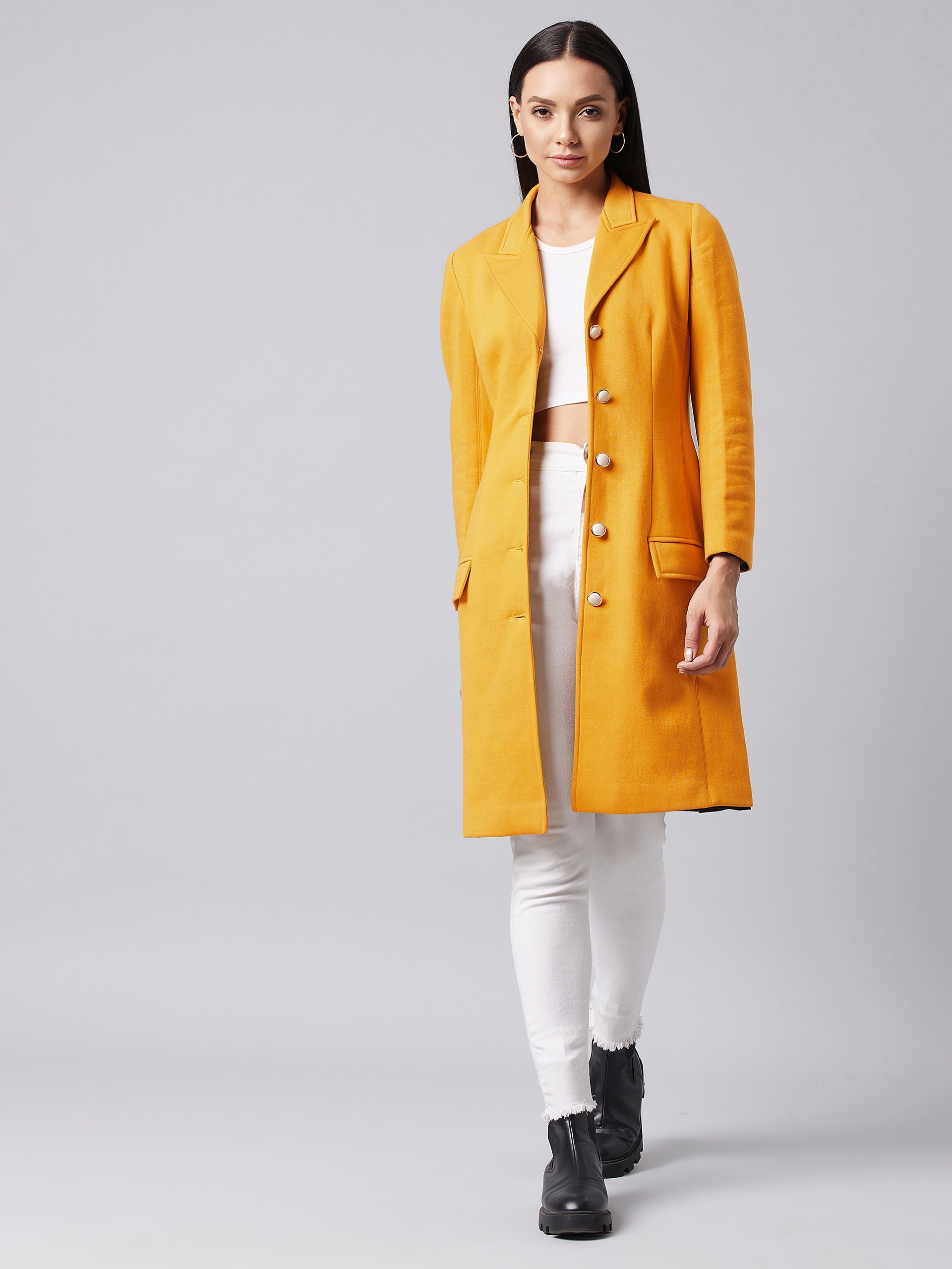 Women's Mustard Notch Collar Full Sleeve Solid Front-Open Knee Length Jacket