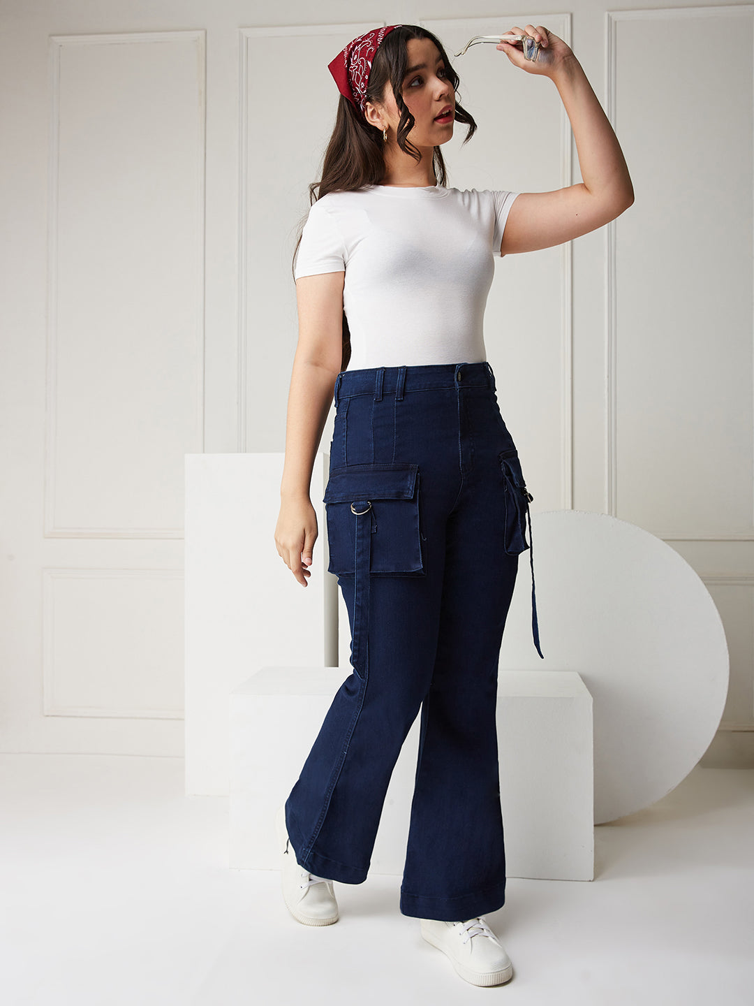 Navy Blue Bootcut High-rise Clean-look Regular Stretchable Denim Jeans