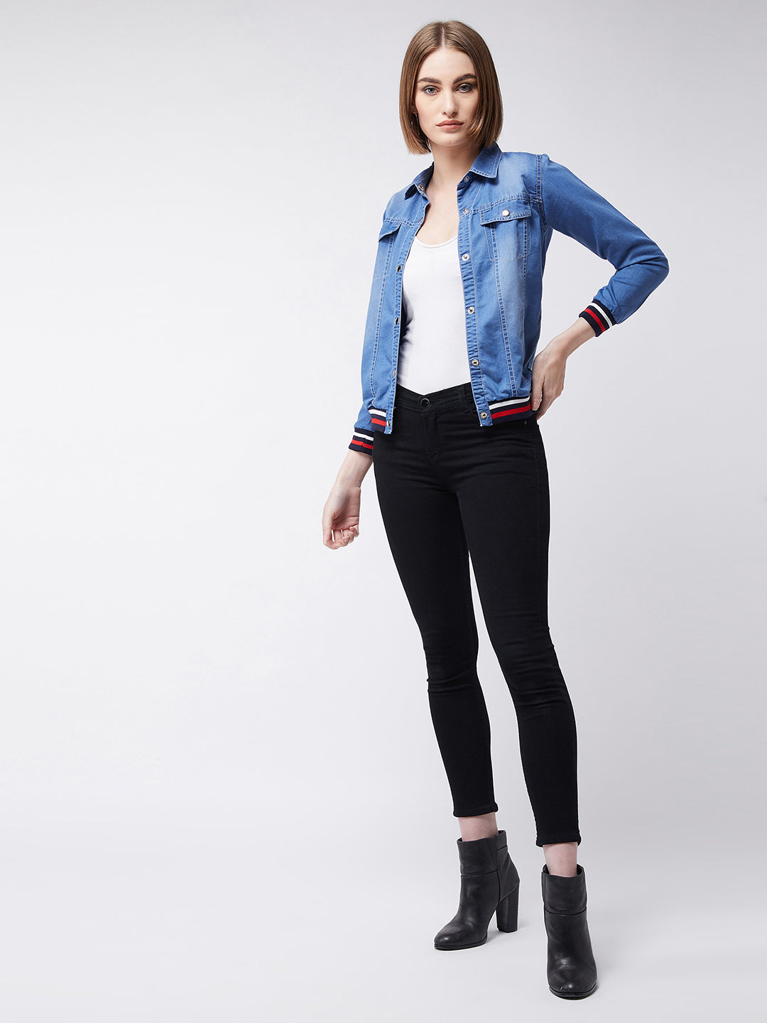 Women's Blue Polo Neck Full Sleeves Solid Buttoned Rib Detailing Denim Bomber Jacket