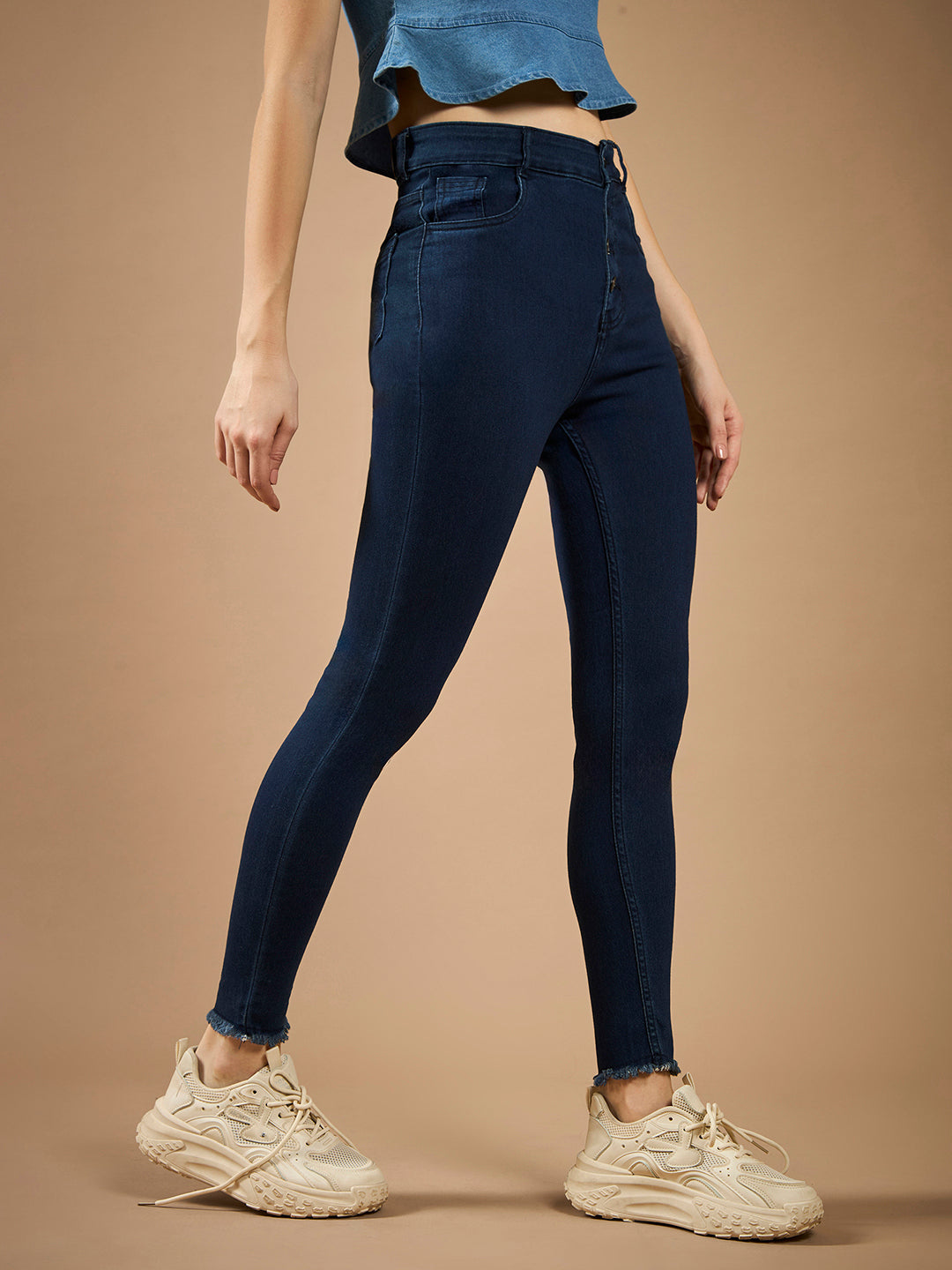 Women's Navy-Blue Skinny High-Rise Clean-Look Solid Fringed Hemline Cropped Stretchable Denim Jeans