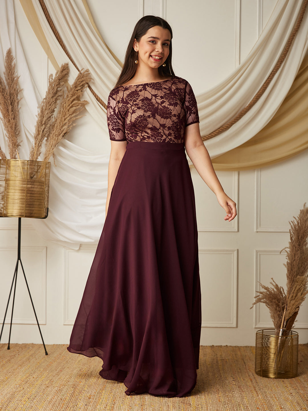 Wine & Beige Relaxed Fit Georgette Maxi Dress