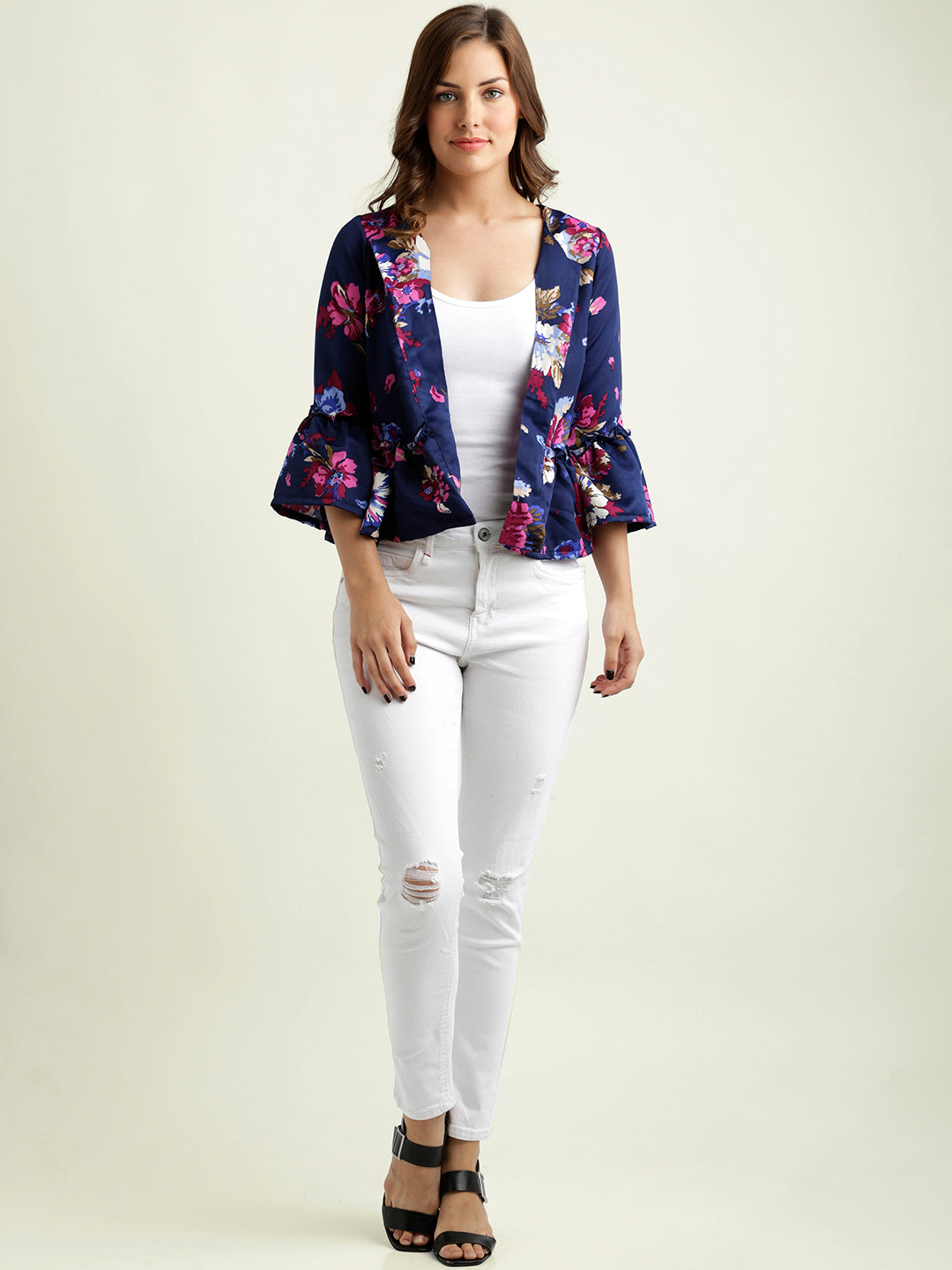Women's Multicolored Round Neck 3/4 Sleeve Floral Ruffled Open Front Jacket