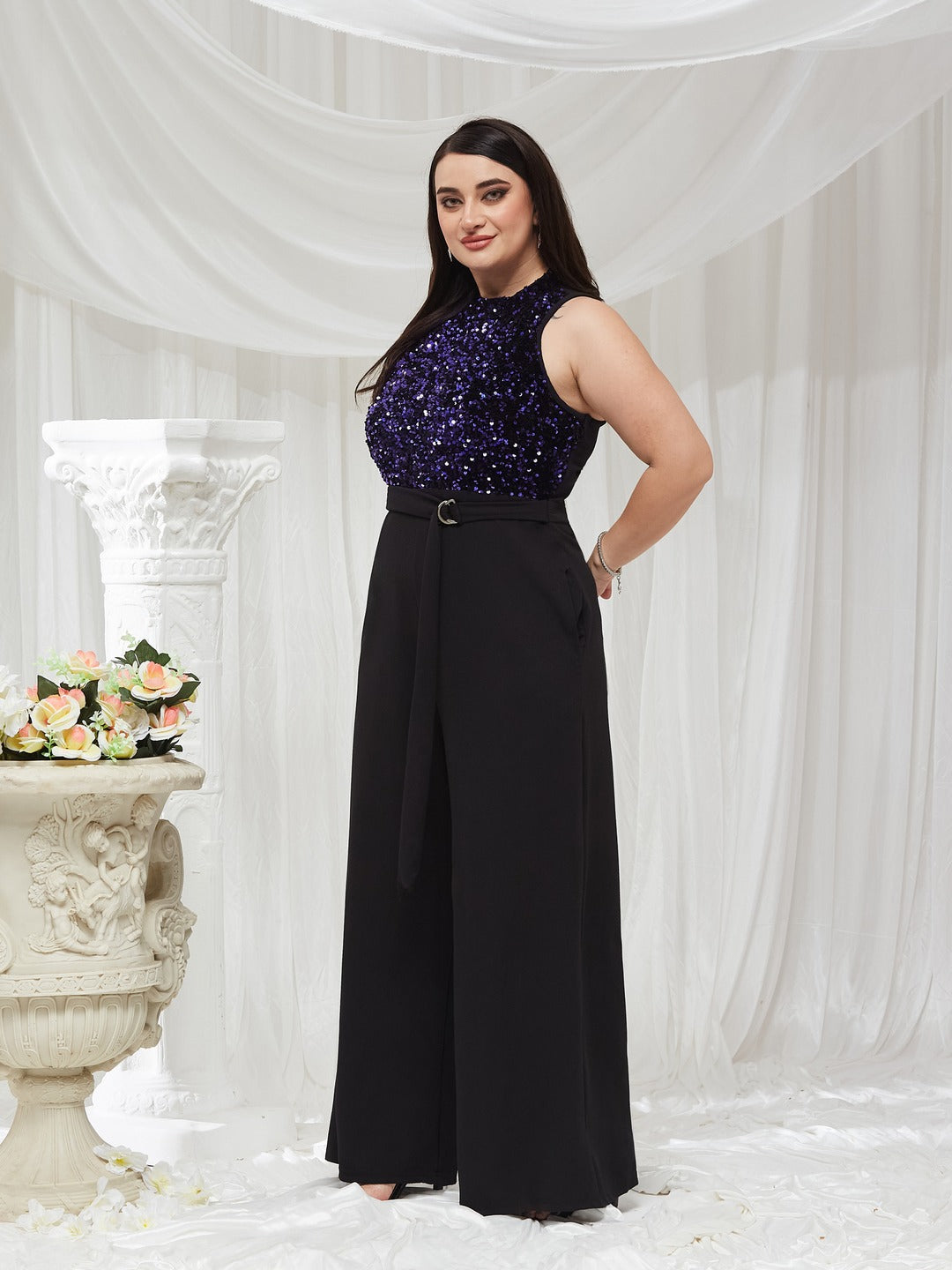 Black And Blue Halter Neck Sleeveless Embellished Regular-Length Jumpsuit for Women