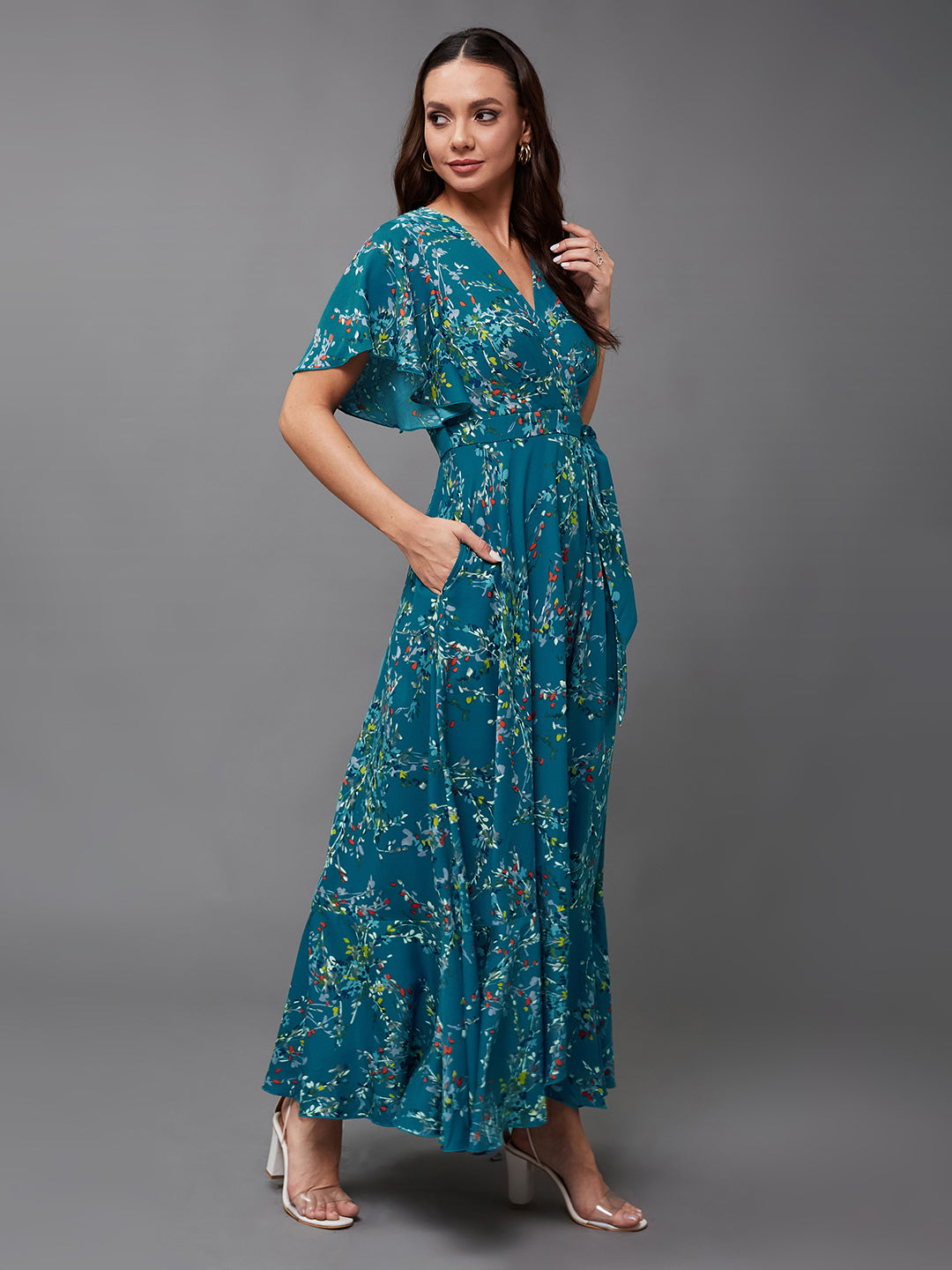 Women's Multicolored-Base-Turquoise V-Neck Half Sleeve Floral Wrap Crepe Maxi Dress