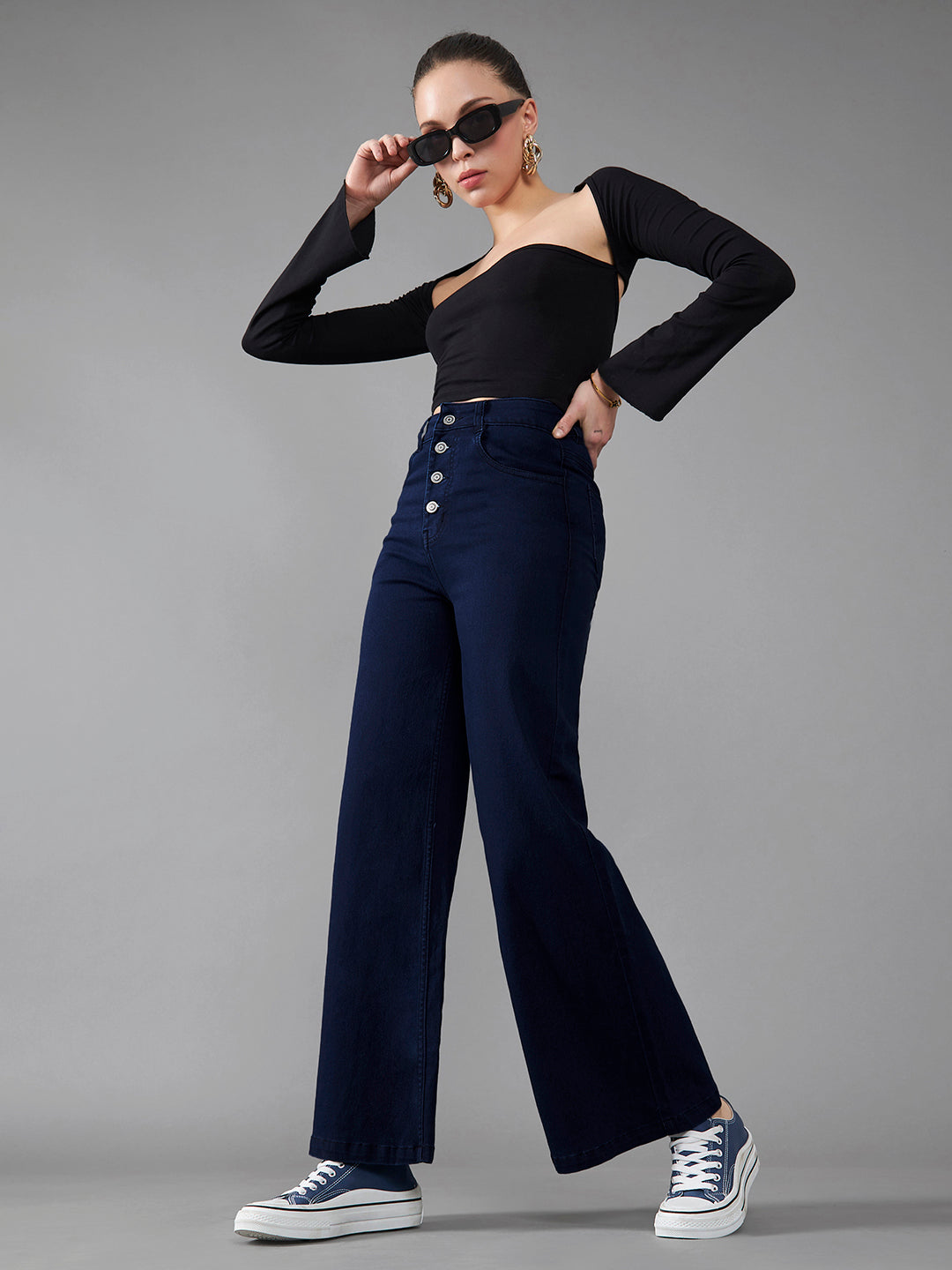 24/7 Comfort Navy-Blue Wide-Leg High-Rise Stretchable Denim Jeans